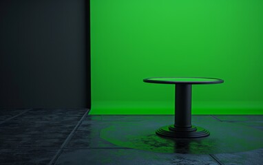 Broadcaster table with green screen background and black floor white background