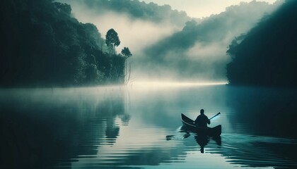 Serene Lake Morning: Solo Canoe Journey in the Mist - Generative AI - obrazy, fototapety, plakaty