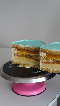 mango cake cut into two parts
