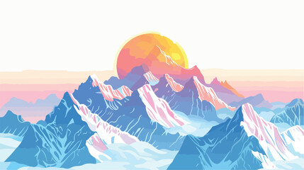 Sunrise over the snow covered mountains flat vector