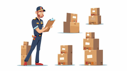 Postman with cardboard boxes and clipboard flat