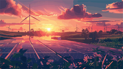 Sunset view of solar panels and wind turbines