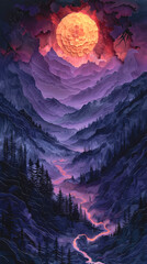 Creative purple background with forest in the mountains at sunset.