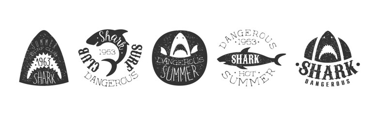 Dangerous Shark Surf Club Black And White Badge Vector Set