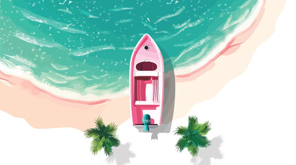 Top view of pink boat on the beach flat vector isolated
