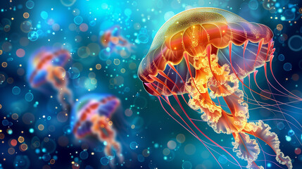 Naklejka premium Luminous Depths. A close-up view of jellyfish illuminated, showcasing their intricate structure and vibrant colors against a backdrop of deep blue ocean and bubbles.