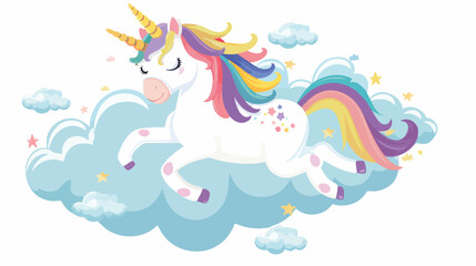 Rainbow unicorn on clouds flat vector isolated