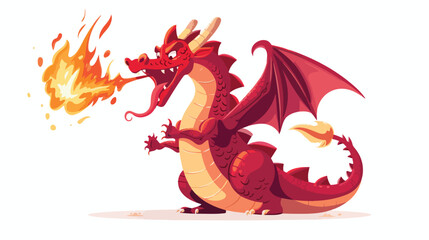 Red dragon spitting fire flat vector isolated