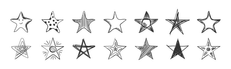 Set of black vector handmade stars in doodle style on a white background. Hand Drawn star doodles set. Sketch style icons. Vector illustration