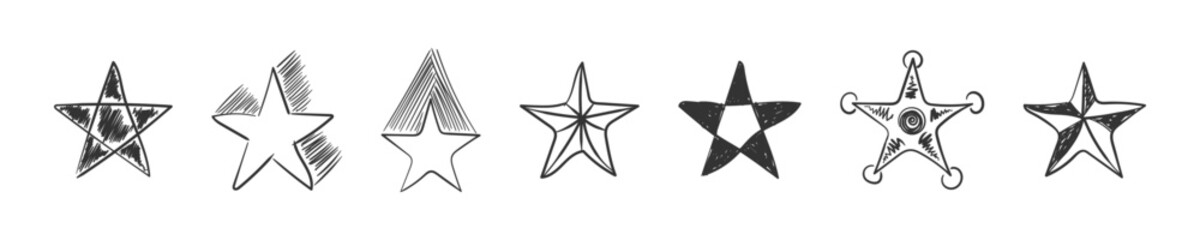 Set of black vector handmade stars in doodle style on a white background. Hand Drawn star doodles set. Sketch style icons. Vector illustration