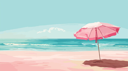 Umbrella on pink beach by sea flat vector