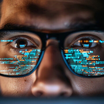 Close-up of a programmer's hands debugging code on a laptop, lines of code reflected in the eyes, focusing on concentration and problem-solving