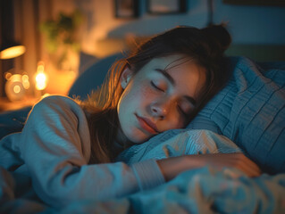 Attractive young woman sleeping in bed in a cozy room at night.