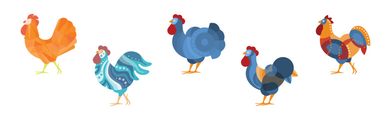 Rooster and Cockerel with Creative Ornate and Color Vector Set