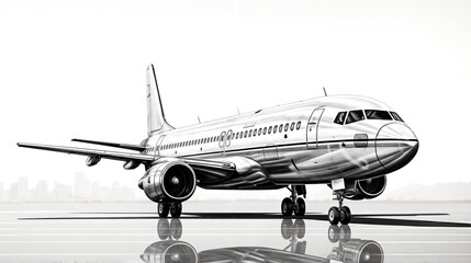 A large passenger jet is shown in black and white. It sits on a runway with its wheels down.