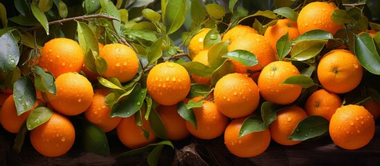 Abundant oranges dangle from the branches of a tree amid lush green leaves in a vibrant orchard