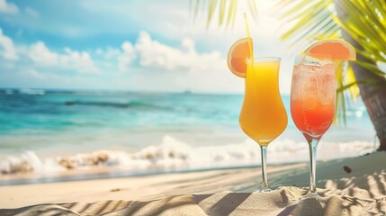 Tropical beach with summer drinks, beach palm tree