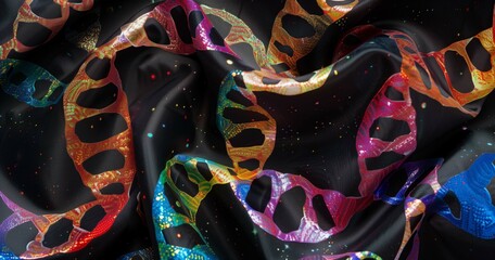 A dynamic wave of fabric depicting a vibrant, glittering DNA helix pattern, evoking a fusion of science and cosmic artistry