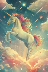 Magical Unicorn in the Starry Sky by Samantha
White, bright colors, and quirky styles.
This picture also has a beautiful unicorn.
Rainbow mane and tail Surrounded by shooting
stars and fluffy clouds I
