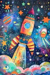 A whimsical spaceship adorned with vibrant Christmas patterns soars through a starry expanse, ready for a joyful holiday adventure