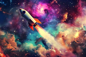 Rocket in space, spaceship and shuttle launch amidst stars, planets, and galaxies, with astronauts exploring the universe in a captivating illustration