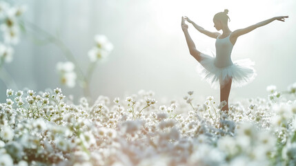 ballet girl dancing in spring flowers International Dance Day 29  april Design template for banner, flyer, invitation, brochure, poster or greeting card. - obrazy, fototapety, plakaty