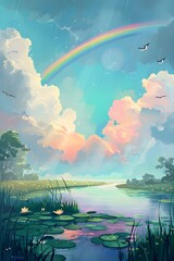 Colorful landscape with rainbow, sun, clouds, sea, trees, and reflection