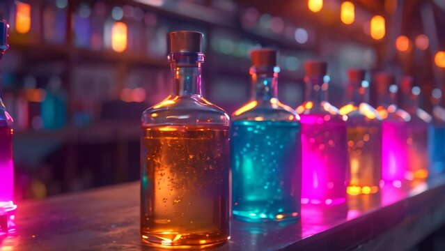 colored magic potions on dark laboratory background