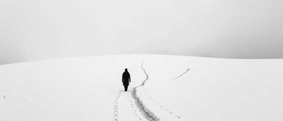 Man walking in the snow in winter, panoramic view.