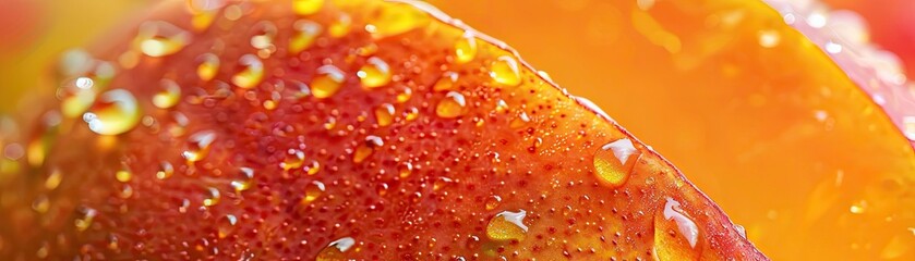 A close-up of dew-kissed mango skin showcasing the fruits texture and color gradients