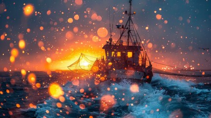 Fishing in the North Sea. Fishing boat with fishermen on the high seas - obrazy, fototapety, plakaty