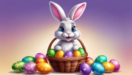 Fototapeta na wymiar White Rabbit Sitting in Basket With Eggs
