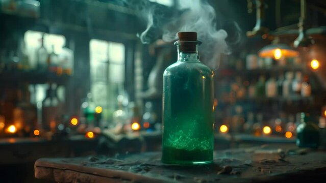 green poisonous magic potion on dark laboratory background