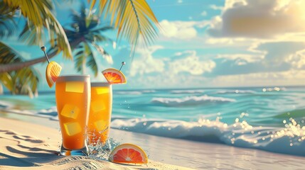Sandy tropical beach with summer drinks, beach palm