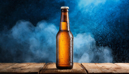 Glass bottle of beer with water drops on wooden table, blue smoke on backdrop. Alcoholic beverage