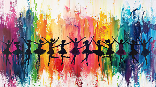 silhouette of group of ballet girls performing on colorful paint art background International Dance Day 29  april Design template for banner, flyer, invitation, brochure, poster or greeting card.