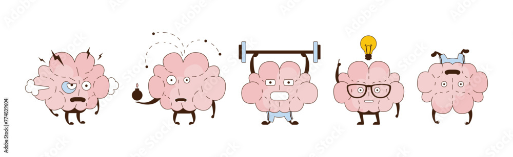 Poster funny brain character engaged in different activity vector set