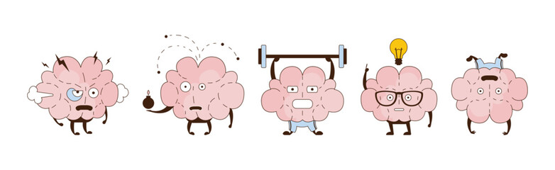 Funny Brain Character Engaged in Different Activity Vector Set