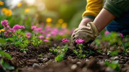 The gardener's nurturing touch cultivates a vibrant floral display in the lush,verdant garden landscape