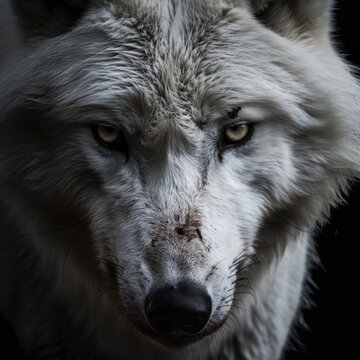 a white wolf with dirt on its face
