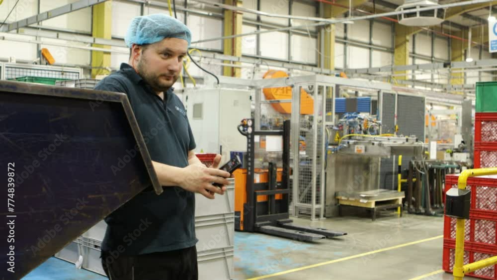 Poster technician worker labor hiding from the boss chief while checking his smartphone during working shif