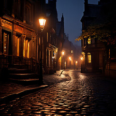 Amidst the late hours, the glow of streetlights caresses cobblestone paths, weaving tales of solitude and serenity under the watchful gaze of the night - obrazy, fototapety, plakaty