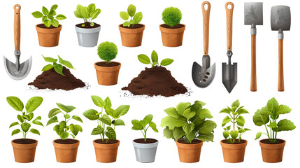 Potted Plants,Gardening Tools and Soil on White Background for Gardening and Cultivation Concepts