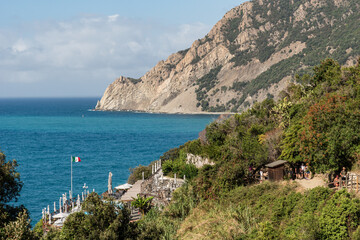 Fototapeta na wymiar Entrance point to Cinque Terre Sentiero Azzurro hike at Monterosso al Mare