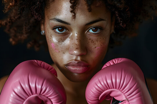 Serious woman with pink boxing gloves on face looking at camera in intense expression