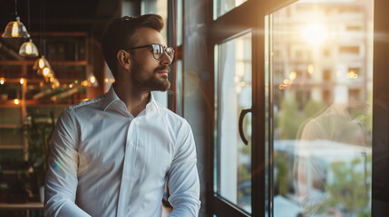 Handsome young businessman in eyeglasses looking out the window. AI. - obrazy, fototapety, plakaty