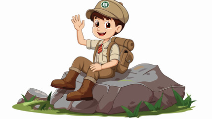 Boy scout sit on the rock waving hand flat vec - obrazy, fototapety, plakaty