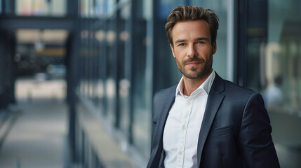 Portrait of a handsome young businessman standing in an office building. AI. - obrazy, fototapety, plakaty