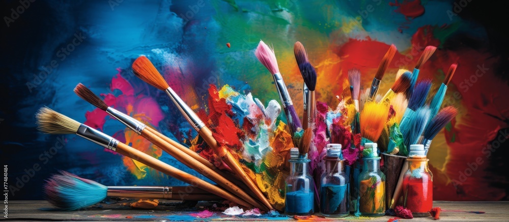 Poster assorted paint brushes and various artist tools displayed neatly on a rustic wooden table