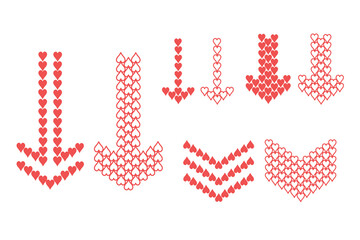 Collection of icons of uras arrows made of hearts. Set of vector illustrations of love signs in flat style isolated on a white background. Valentine's Day concept